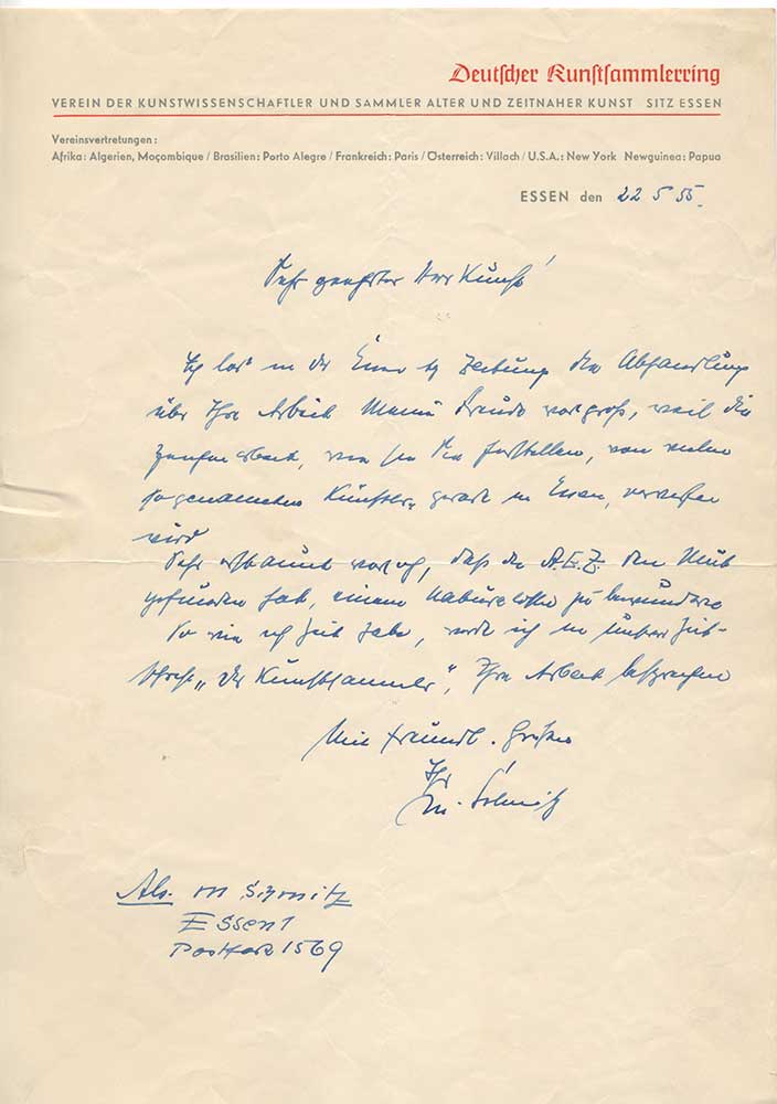 Letter by the German Circle of art collectors" - 1955 Letter from the Deutsche-Kunstsammlerring -1955