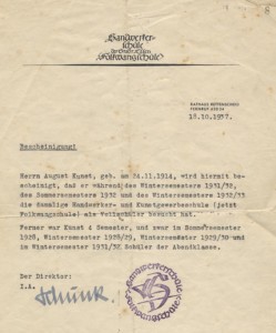 Certificate of attendance for artist August Kunst by the Folkwang School of Art Essen