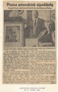 The signing of his portrait by Pablo Picasso - press report by "Westdeutsche Allgemeine Zeitung" - October 1964